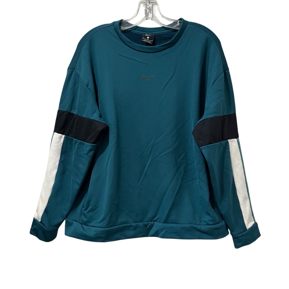 Nike Therma Fleece Women Medium Teal Blue Pocket Crewneck Sweatshirt Color block